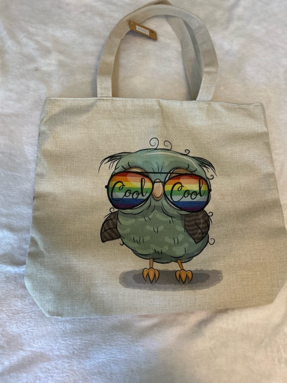 Beige Owl Graphic Tote Bag with Rainbow Sunglasses